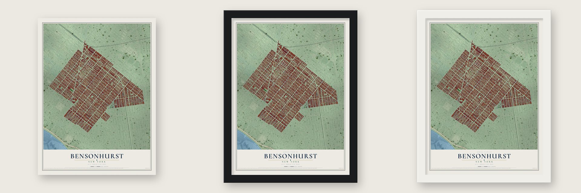 Bensonhurst, New York map unframed, in a black wood frame and in a white wood frame