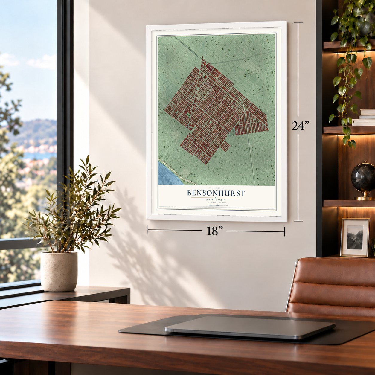 Bensonhurst, New York map, 18 x 24 inch print in a white frame in a home office
