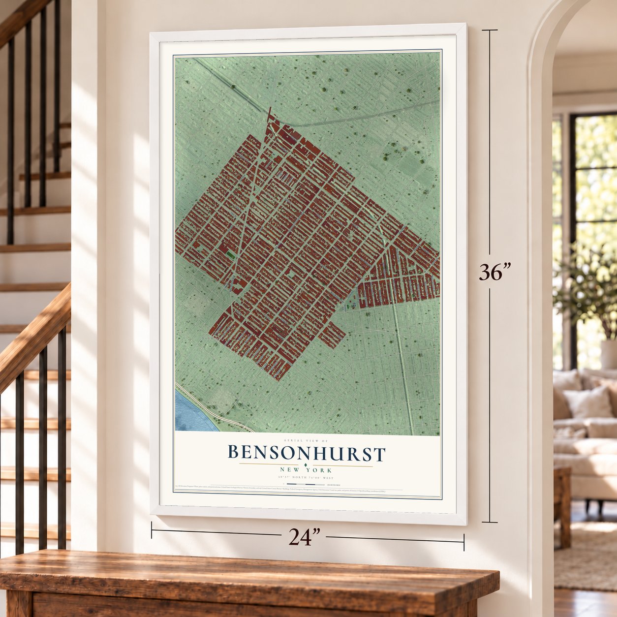 Bensonhurst, New York map, 24 x 36 inch print in a white frame by a staircase