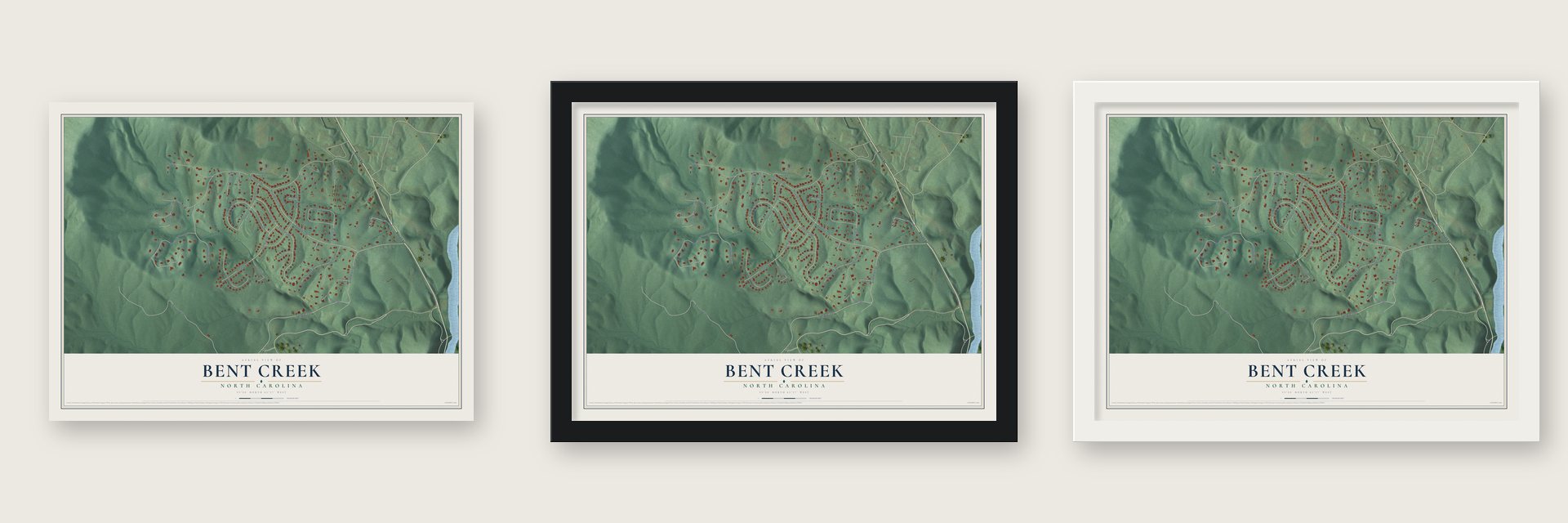 Bent Creek, North Carolina map unframed, in a black wood frame and in a white wood frame