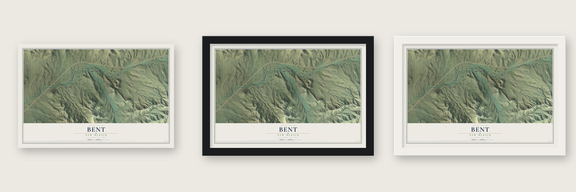 Bent, New Mexico map unframed, in a black wood frame and in a white wood frame