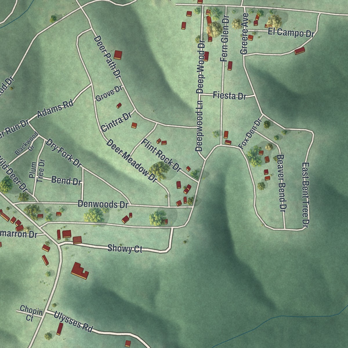 Second close-up of the map of Bent Tree Harbor, Missouri print showing more streets and buildings