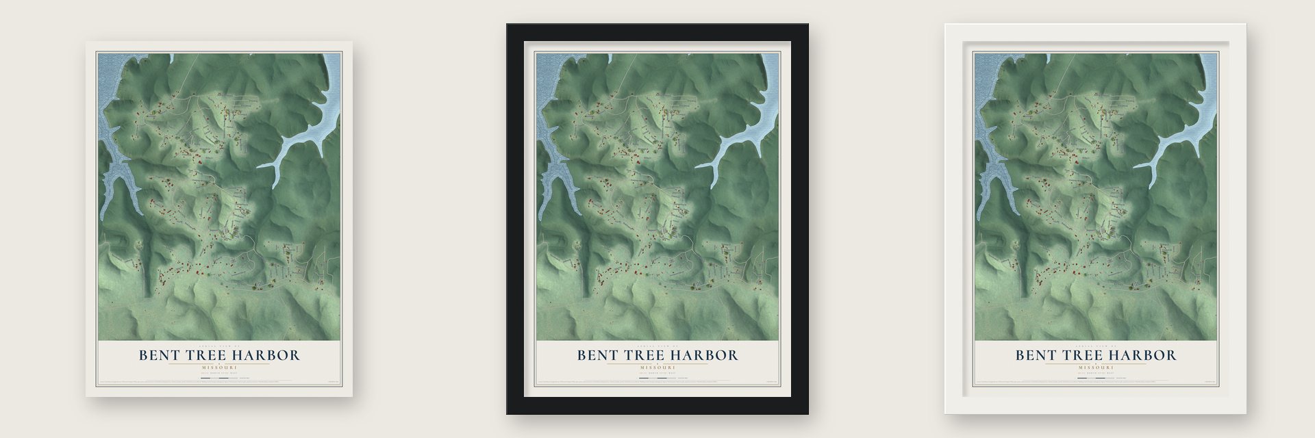 Bent Tree Harbor, Missouri map unframed, in a black wood frame and in a white wood frame