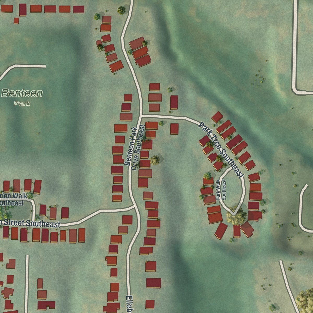 Second close-up of the map of Benteen Park, Georgia print showing more streets and buildings
