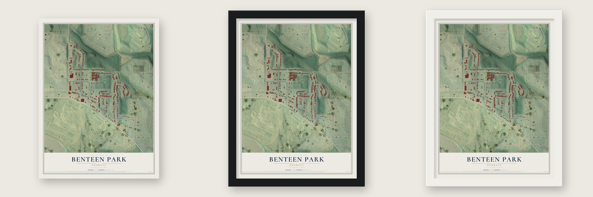 Benteen Park, Georgia map unframed, in a black wood frame and in a white wood frame