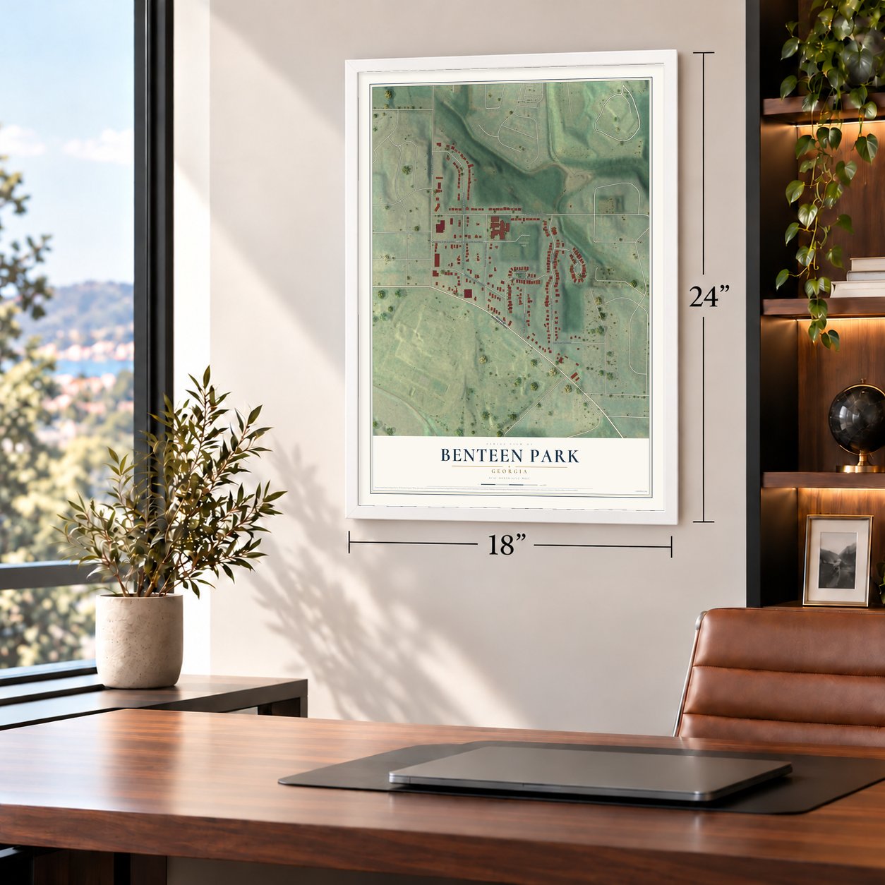 Benteen Park, Georgia map, 18 x 24 inch print in a white frame in a home office