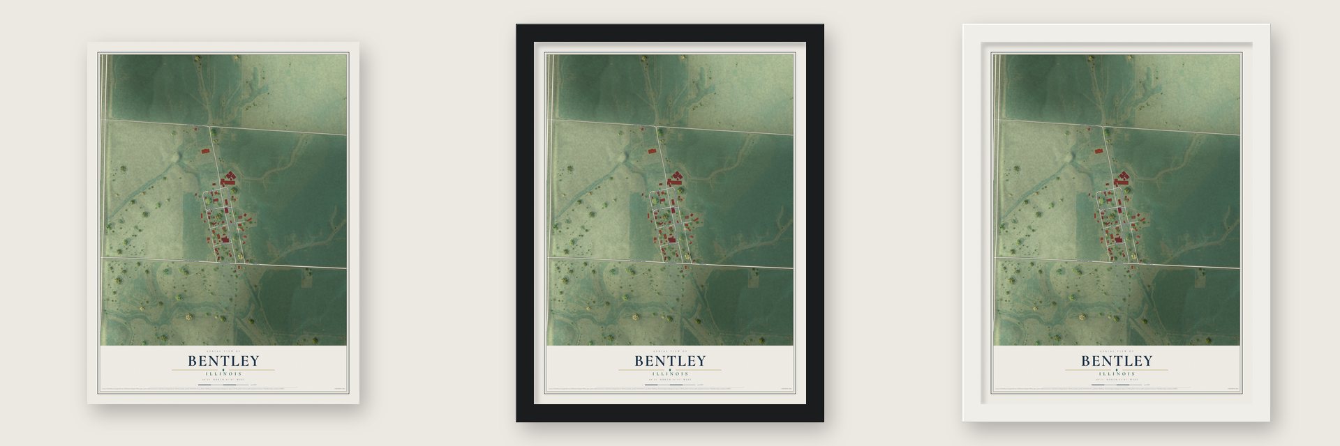 Bentley, Illinois map unframed, in a black wood frame and in a white wood frame