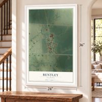 Bentley, Illinois map, 24 x 36 inch print in a white frame by a staircase