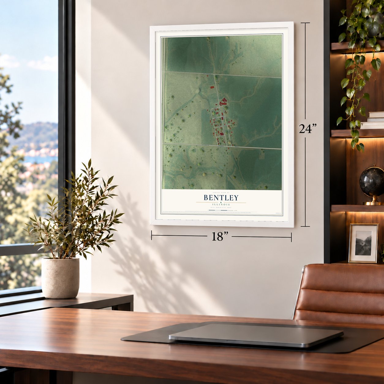 Bentley, Illinois map, 18 x 24 inch print in a white frame in a home office