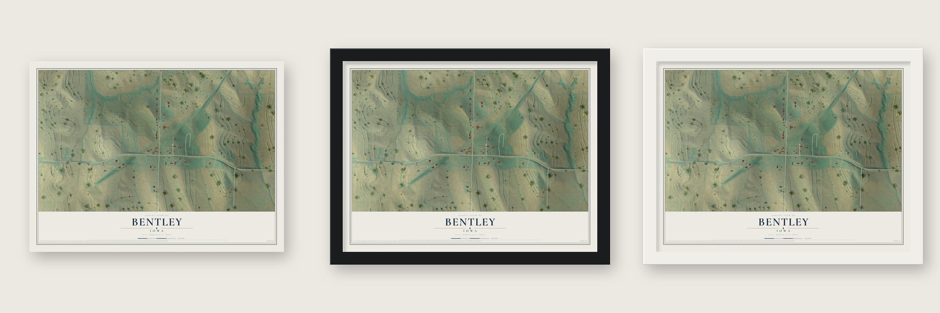 Bentley, Iowa map unframed, in a black wood frame and in a white wood frame