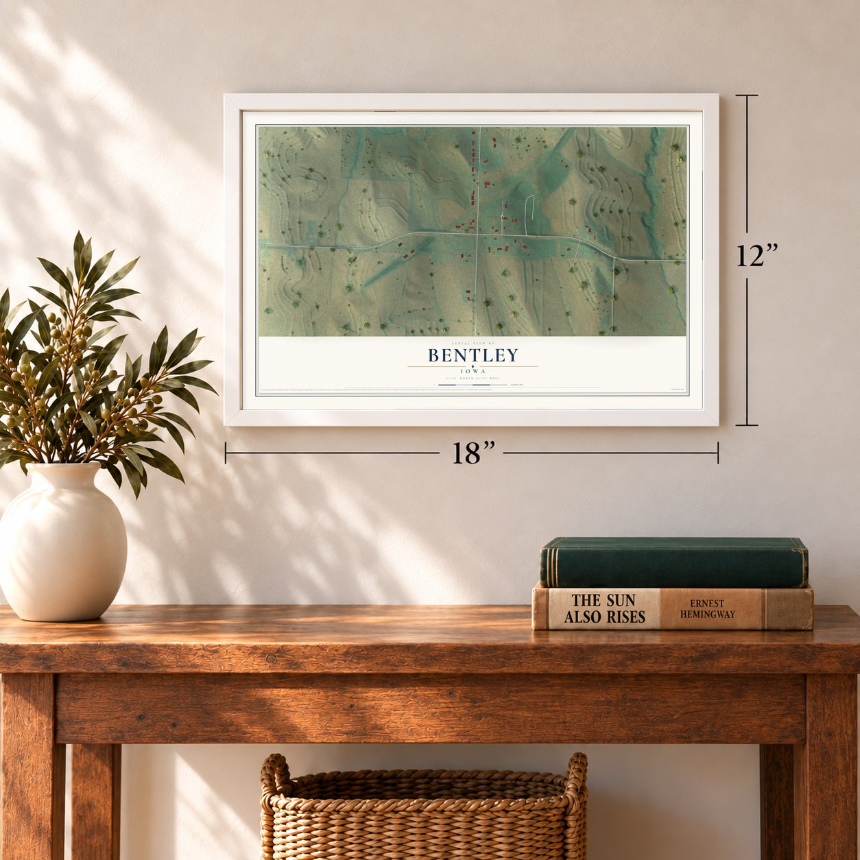 Bentley, Iowa map, 12 x 18 inch print in a white frame in an entryway