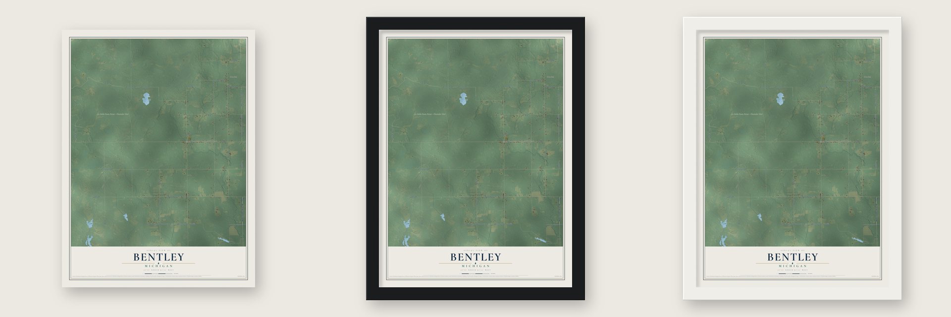 Bentley, Michigan map unframed, in a black wood frame and in a white wood frame