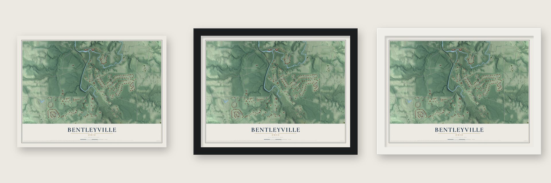 Bentleyville, Ohio map unframed, in a black wood frame and in a white wood frame