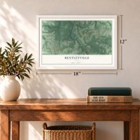 Bentleyville, Ohio map, 12 x 18 inch print in a white frame in an entryway