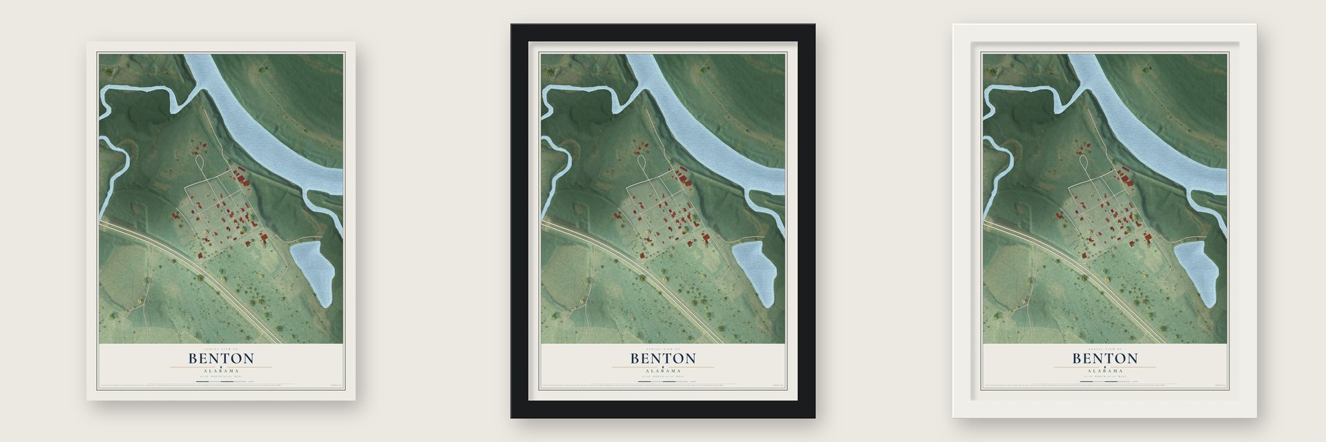 Benton, Alabama map unframed, in a black wood frame and in a white wood frame