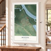 Benton, Alabama map, 24 x 36 inch print in a white frame by a staircase
