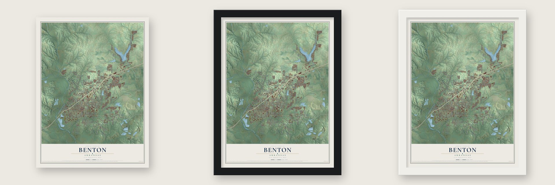 Benton, Arkansas map unframed, in a black wood frame and in a white wood frame