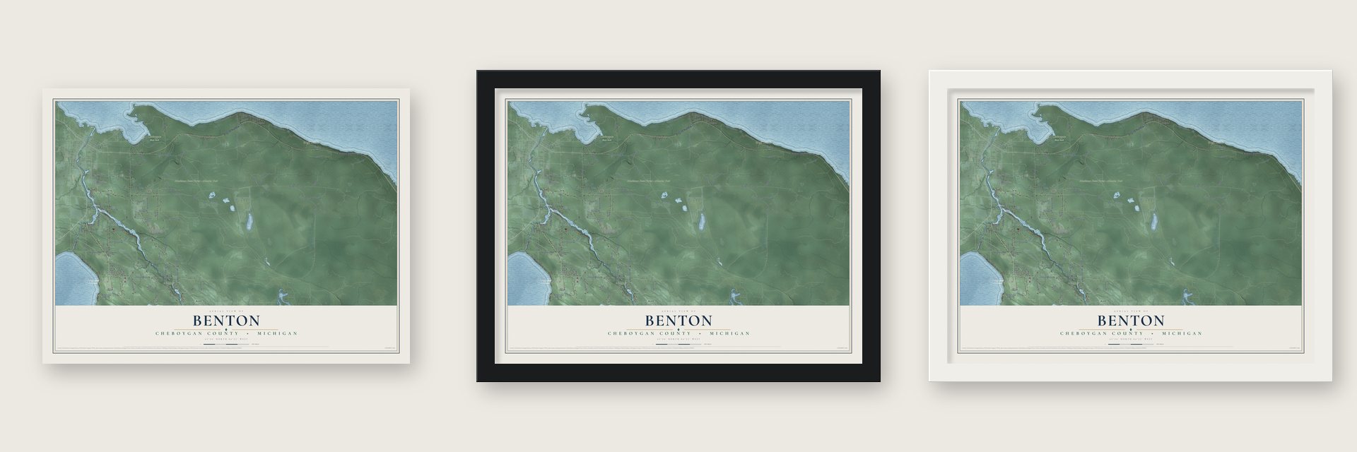 Benton, Cheboygan County, Michigan map unframed, in a black wood frame and in a white wood frame