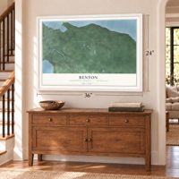 Benton, Cheboygan County, Michigan map, 24 x 36 inch print in a white frame above a dresser by a staircase