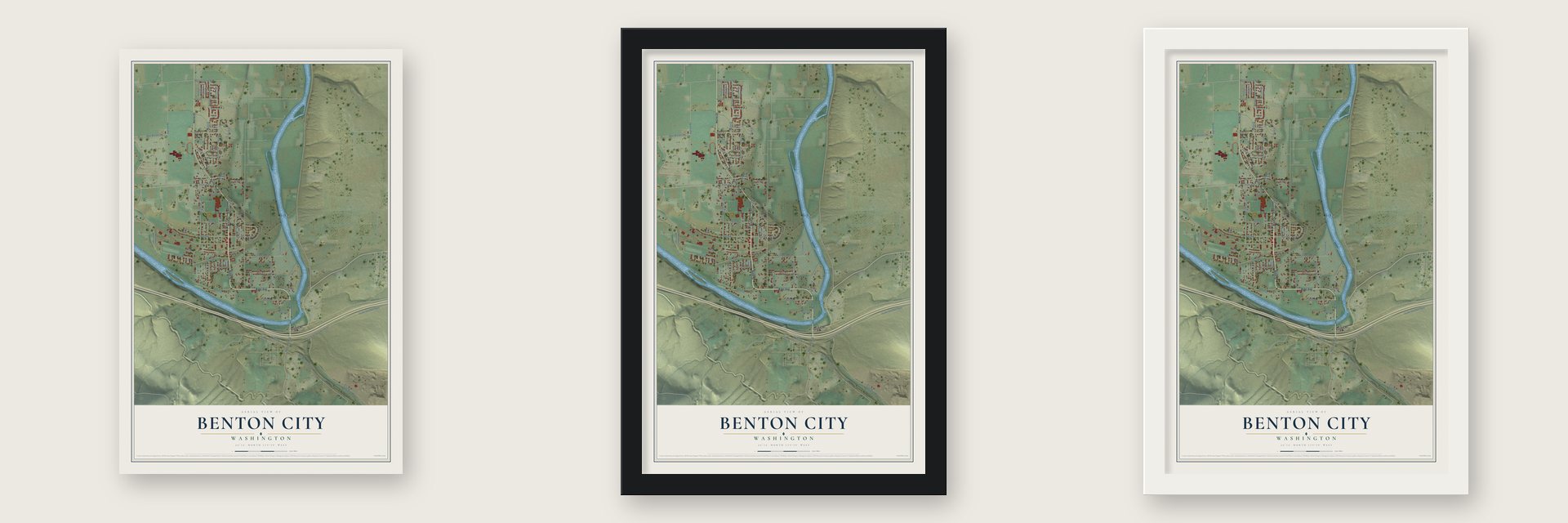Benton City, Washington map unframed, in a black wood frame and in a white wood frame