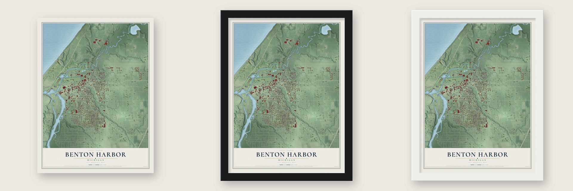 Benton Harbor, Michigan map unframed, in a black wood frame and in a white wood frame