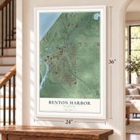Benton Harbor, Michigan map, 24 x 36 inch print in a white frame by a staircase