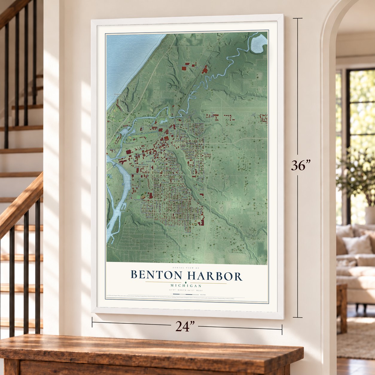 Benton Harbor, Michigan map, 24 x 36 inch print in a white frame by a staircase