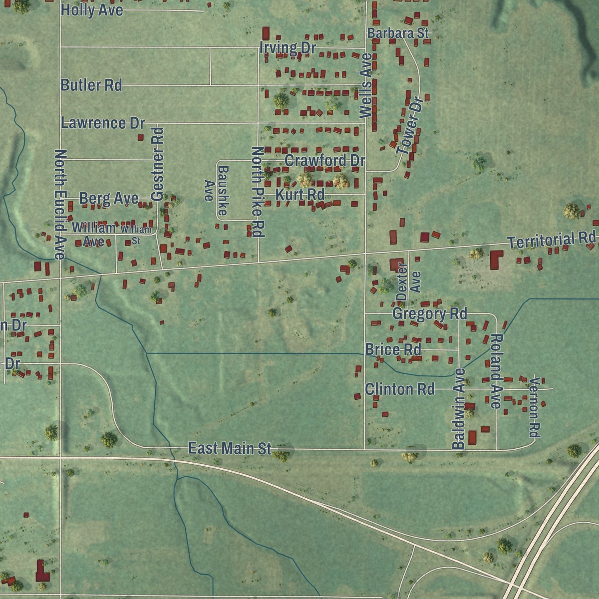 Second close-up of the map of Benton Heights, Michigan print showing more streets and buildings