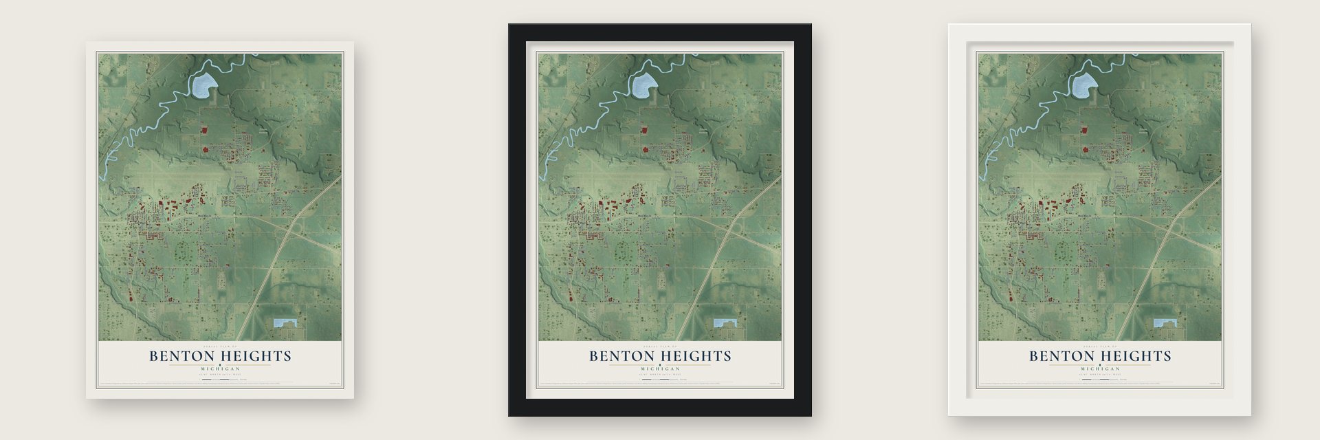 Benton Heights, Michigan map unframed, in a black wood frame and in a white wood frame