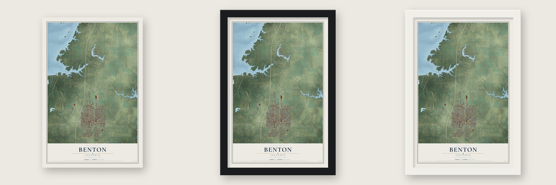 Benton, Illinois map unframed, in a black wood frame and in a white wood frame