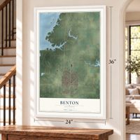 Benton, Illinois map, 24 x 36 inch print in a white frame by a staircase