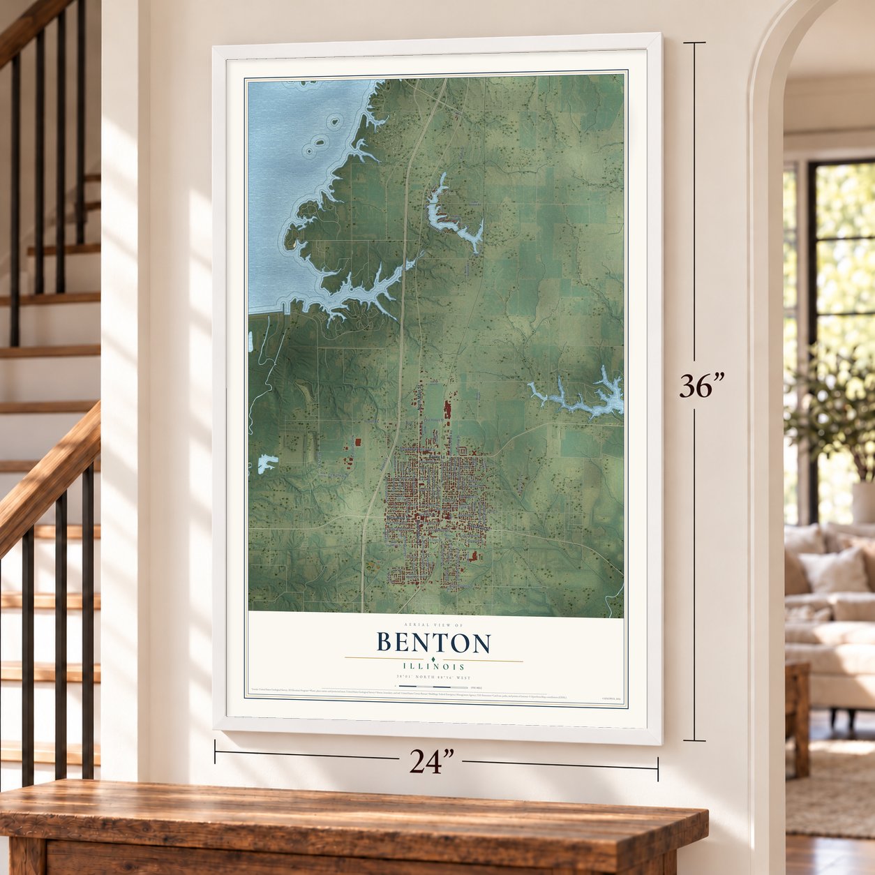 Benton, Illinois map, 24 x 36 inch print in a white frame by a staircase