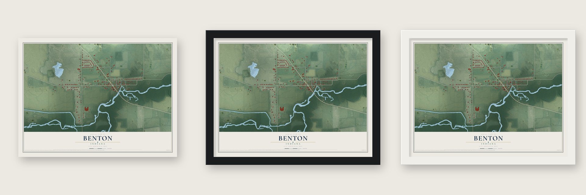 Benton, Indiana map unframed, in a black wood frame and in a white wood frame