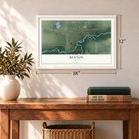 Benton, Indiana map, 12 x 18 inch print in a white frame in an entryway