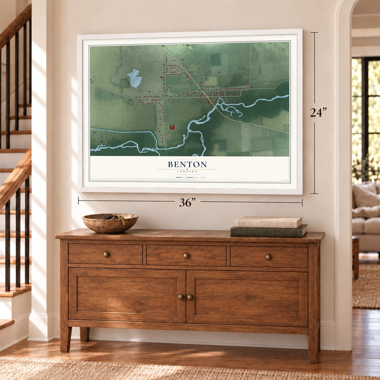 Benton, Indiana map, 24 x 36 inch print in a white frame above a dresser by a staircase