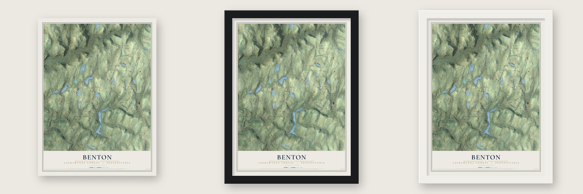 Benton, Lackawanna County, Pennsylvania map unframed, in a black wood frame and in a white wood frame