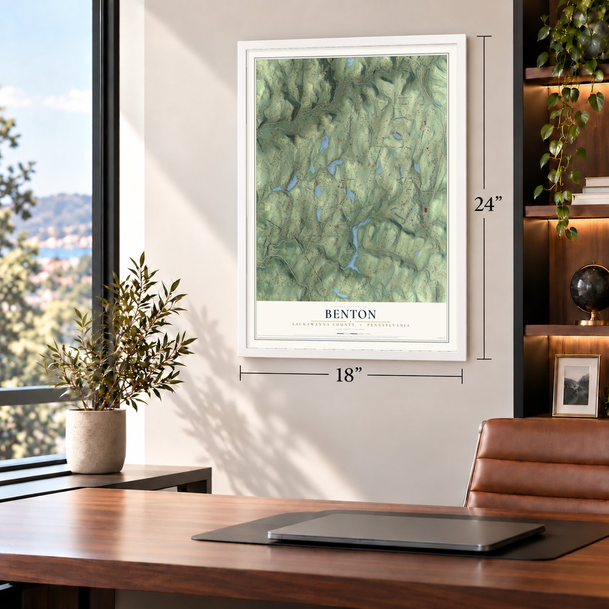 Benton, Lackawanna County, Pennsylvania map, 18 x 24 inch print in a white frame in a home office