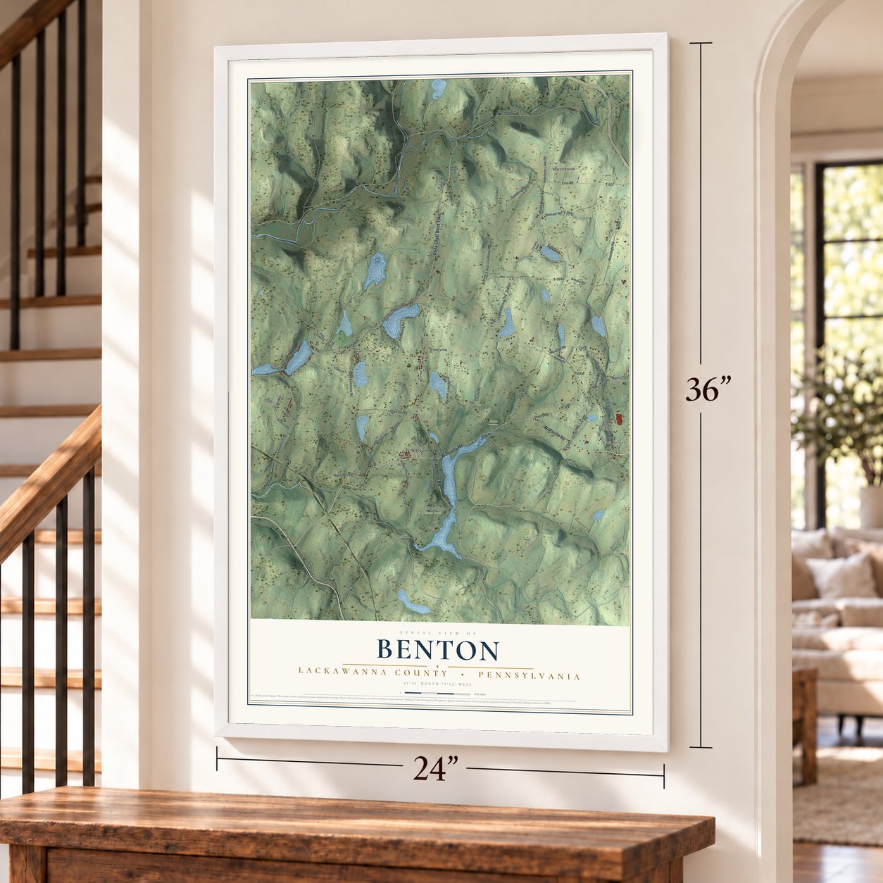 Benton, Lackawanna County, Pennsylvania map, 24 x 36 inch print in a white frame by a staircase