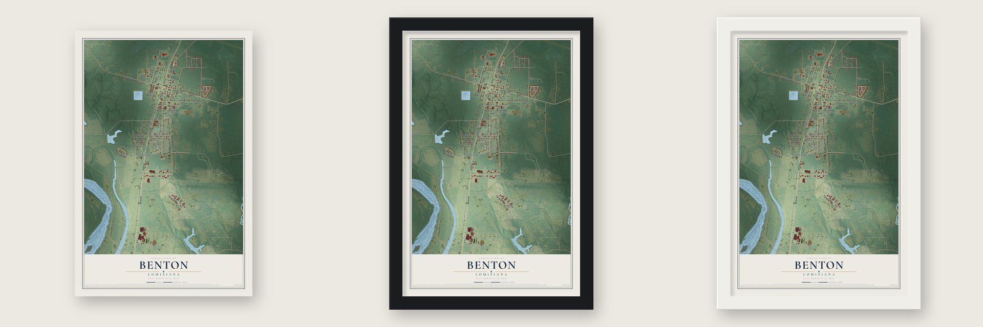 Benton, Louisiana map unframed, in a black wood frame and in a white wood frame