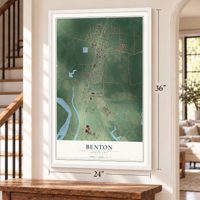 Benton, Louisiana map, 24 x 36 inch print in a white frame by a staircase