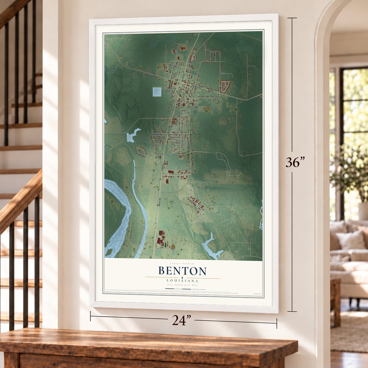 Benton, Louisiana map, 24 x 36 inch print in a white frame by a staircase