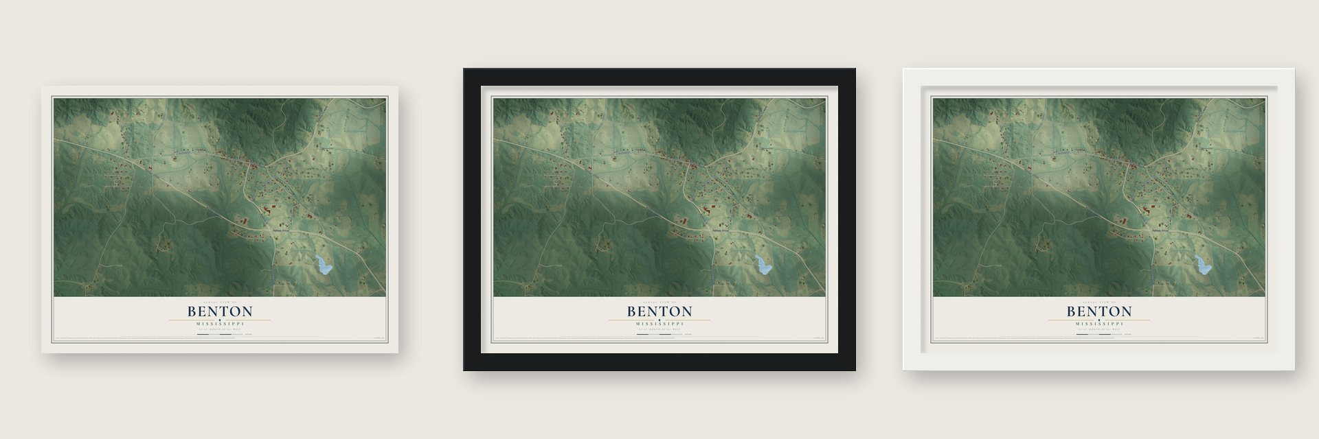 Benton, Mississippi map unframed, in a black wood frame and in a white wood frame