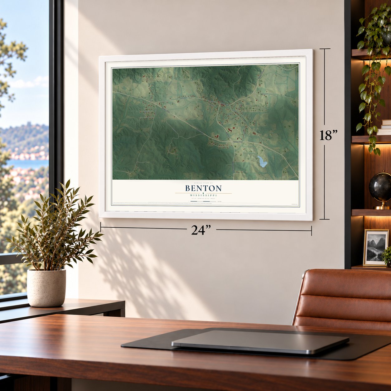 Benton, Mississippi map, 18 x 24 inch print in a white frame in a home office