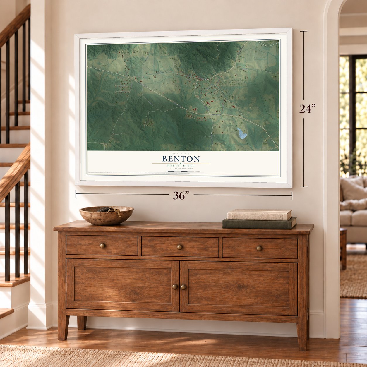 Benton, Mississippi map, 24 x 36 inch print in a white frame above a dresser by a staircase