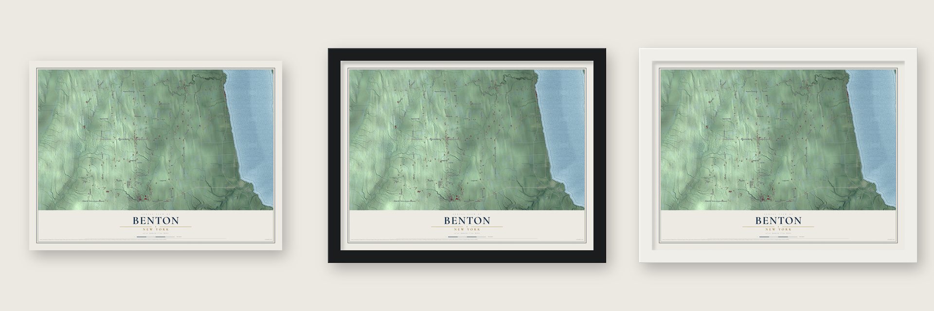 Benton, New York map unframed, in a black wood frame and in a white wood frame