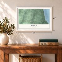 Benton, New York map, 12 x 18 inch print in a white frame in an entryway