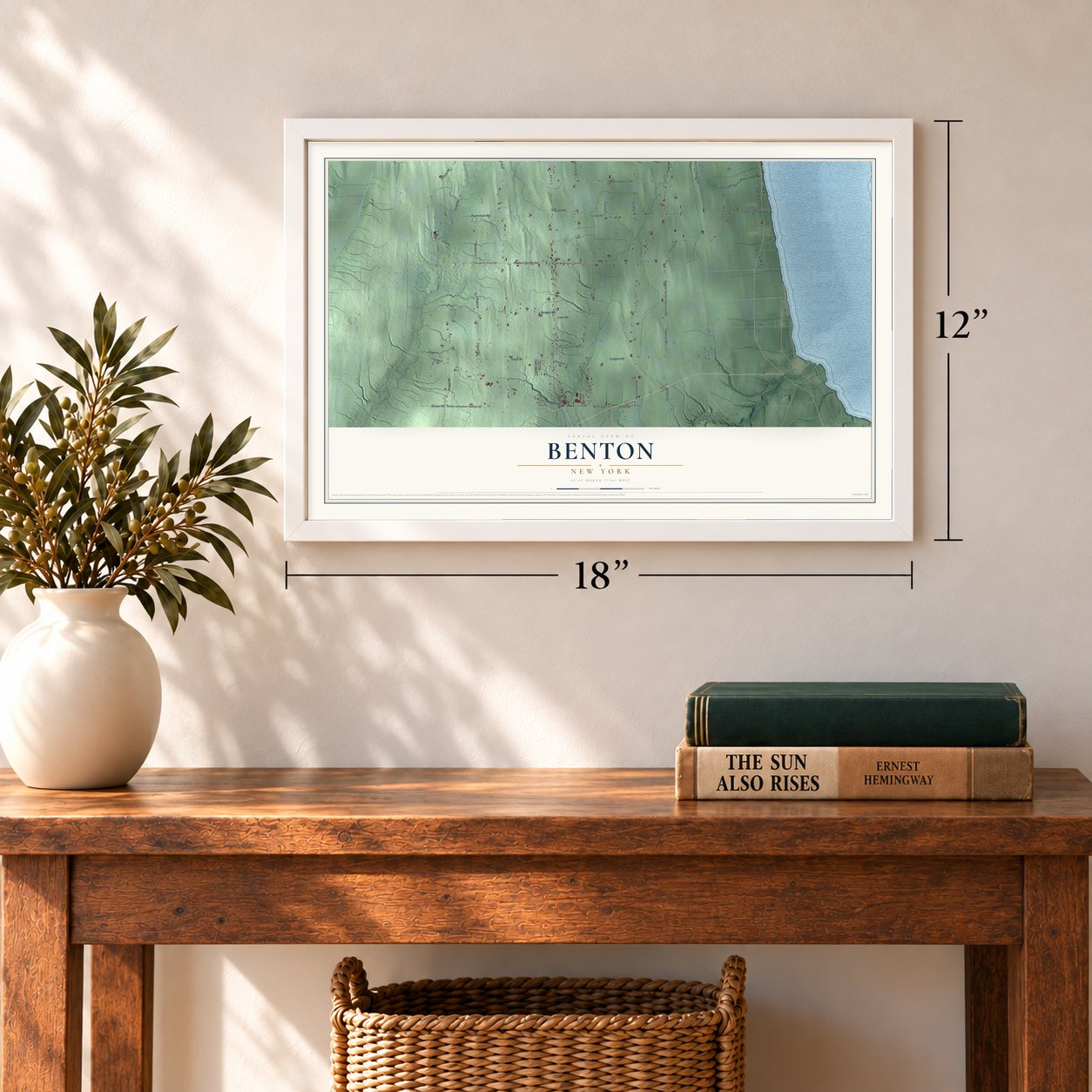Benton, New York map, 12 x 18 inch print in a white frame in an entryway