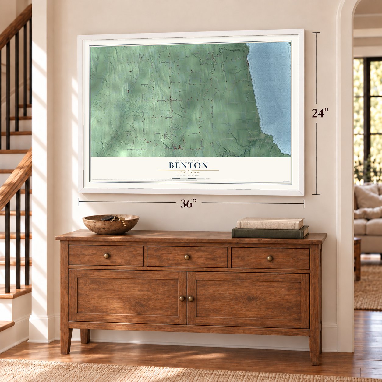 Benton, New York map, 24 x 36 inch print in a white frame above a dresser by a staircase
