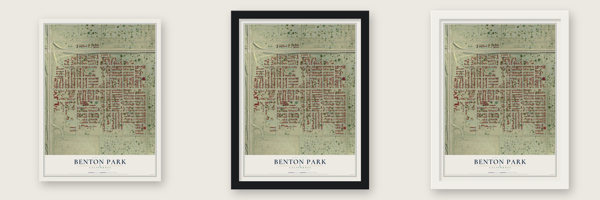 Benton Park, California map unframed, in a black wood frame and in a white wood frame