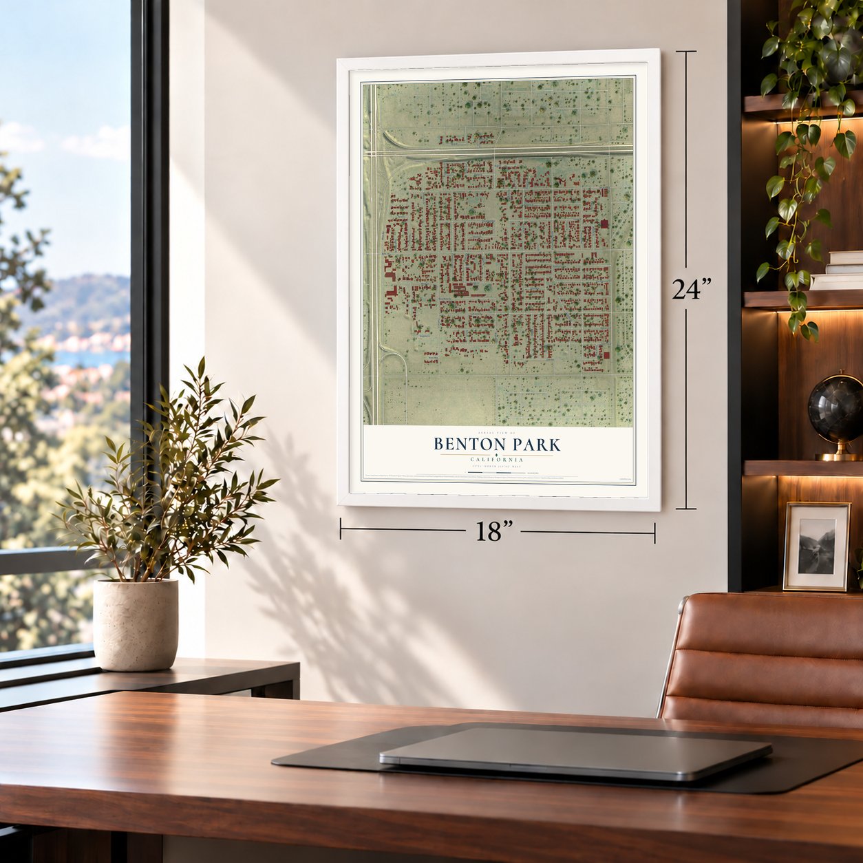 Benton Park, California map, 18 x 24 inch print in a white frame in a home office